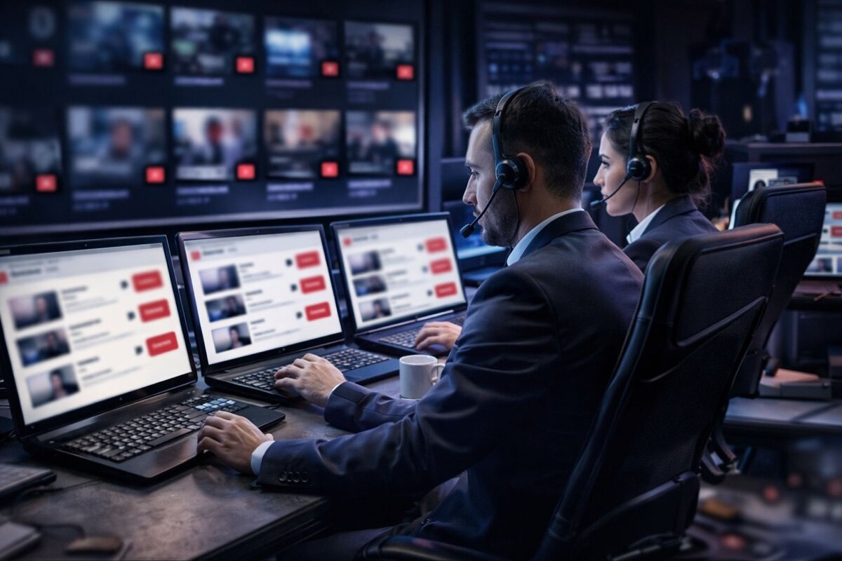 youtube video kaldırma çözüm uzman ekip operasyon merkezi - profesyonel analistler ekranlarda içerik kaldırma sürecini yönetiyor