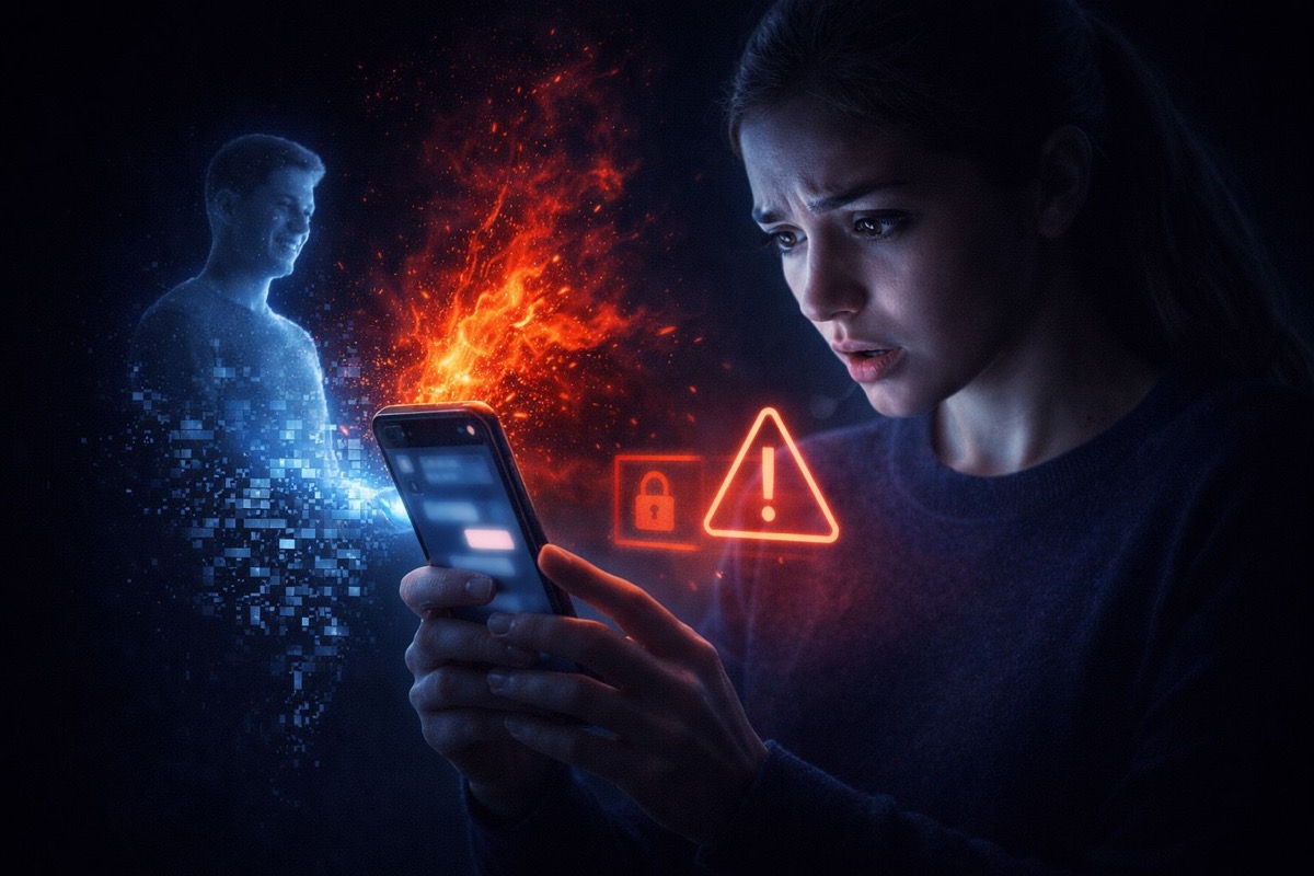 Zoosk şantajı acil uyarı - telefondaki tehdit mesajına bakan mağdur ve holografik şantajcı figürü ile kilit ve uyarı simgeleri